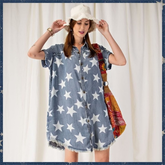 EASEL "Twinkle Star" Lightweight Cotton Denim Shirt Dress Button Up W/ Raw Seams - Picture 14 of 16
